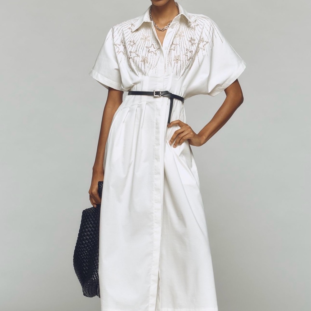 White Embroidered Maxi Shirt Dress with Belt from Anthropologie NWT